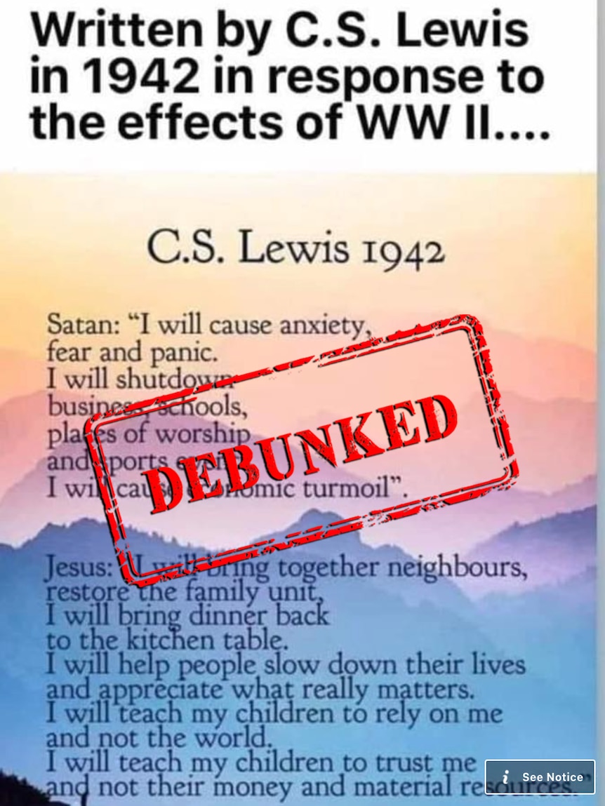 A screenshot of a passage of text attributed to C.S. Lewis with a debunked stamp overlayed