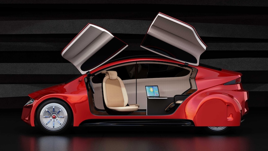 A 3D rendering of an autonomous car with gullwing doors