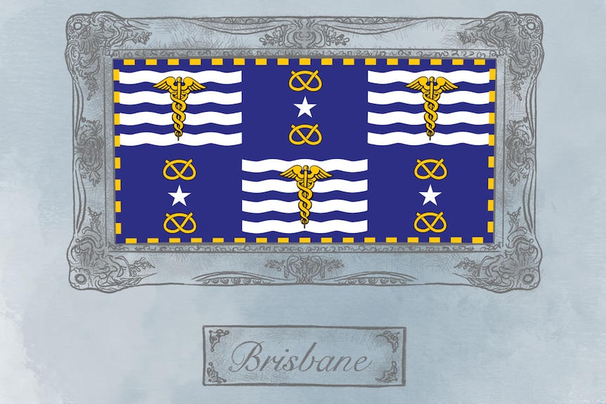 A blue, yellow and white flag featuring pretzel-like shapes, stars and staffs wrapped in snakes
