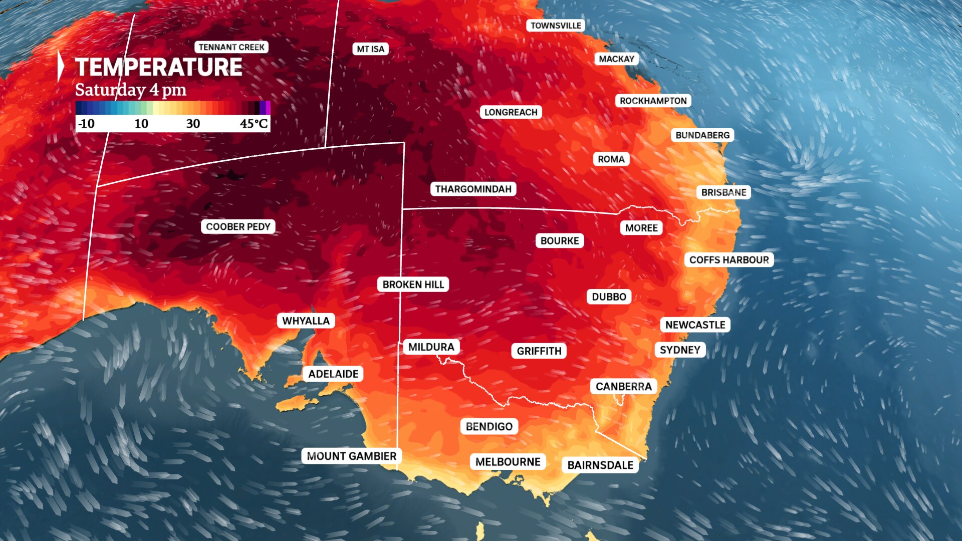 a weather map of australia shows temperatures well above 40C are forecast across the central outback