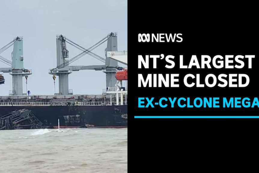 NT's Largest Mine Closed: Ex-Cyclone Megan: A bulk carrier floats next to some damaged infrastrucutre.