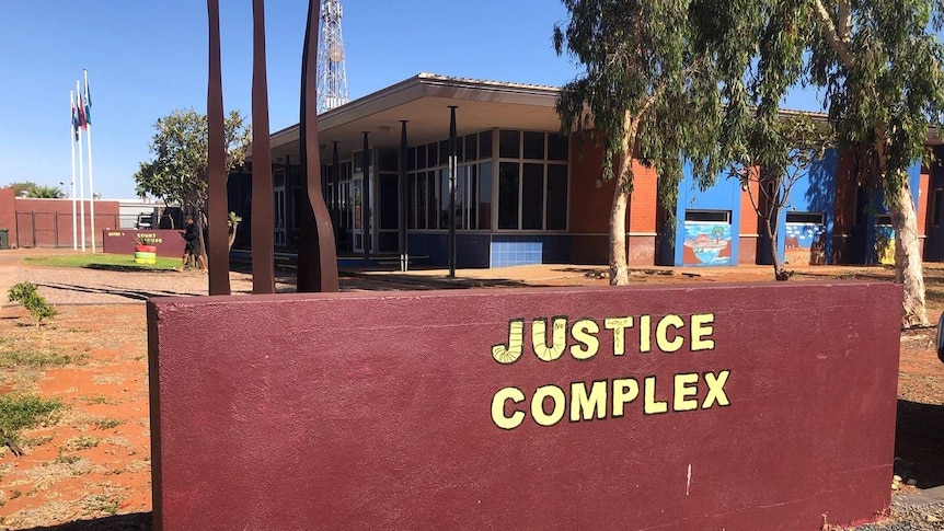 Front of South Hedland courthouse including sign Justice Complex