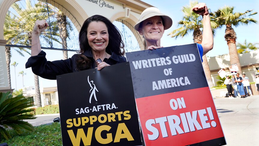 Fran Drescher and Meredith Stiehm protest together outside Paramount Pictures studio in Los Angeles.