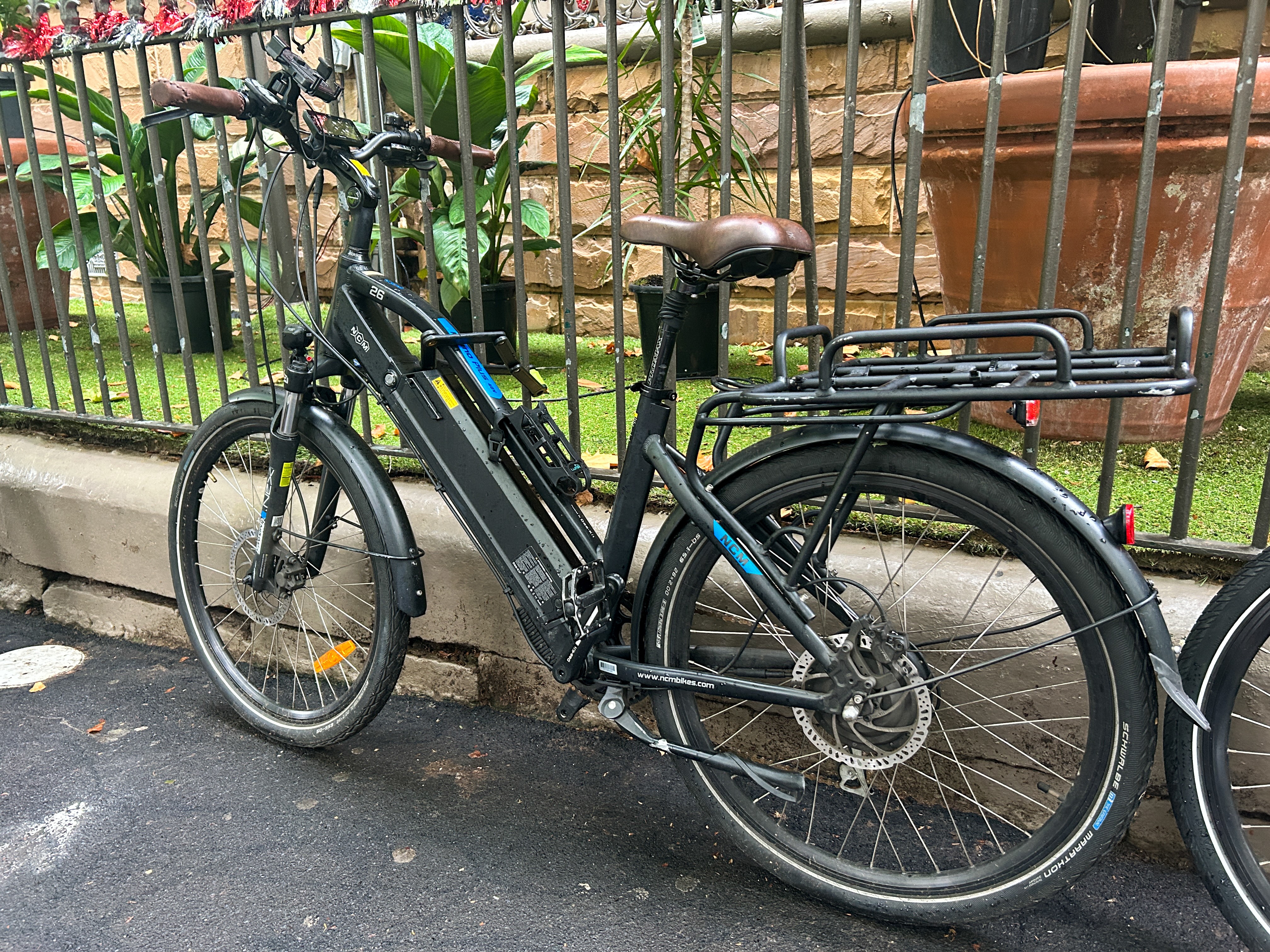 An electric bike leaning against a terrace fence.