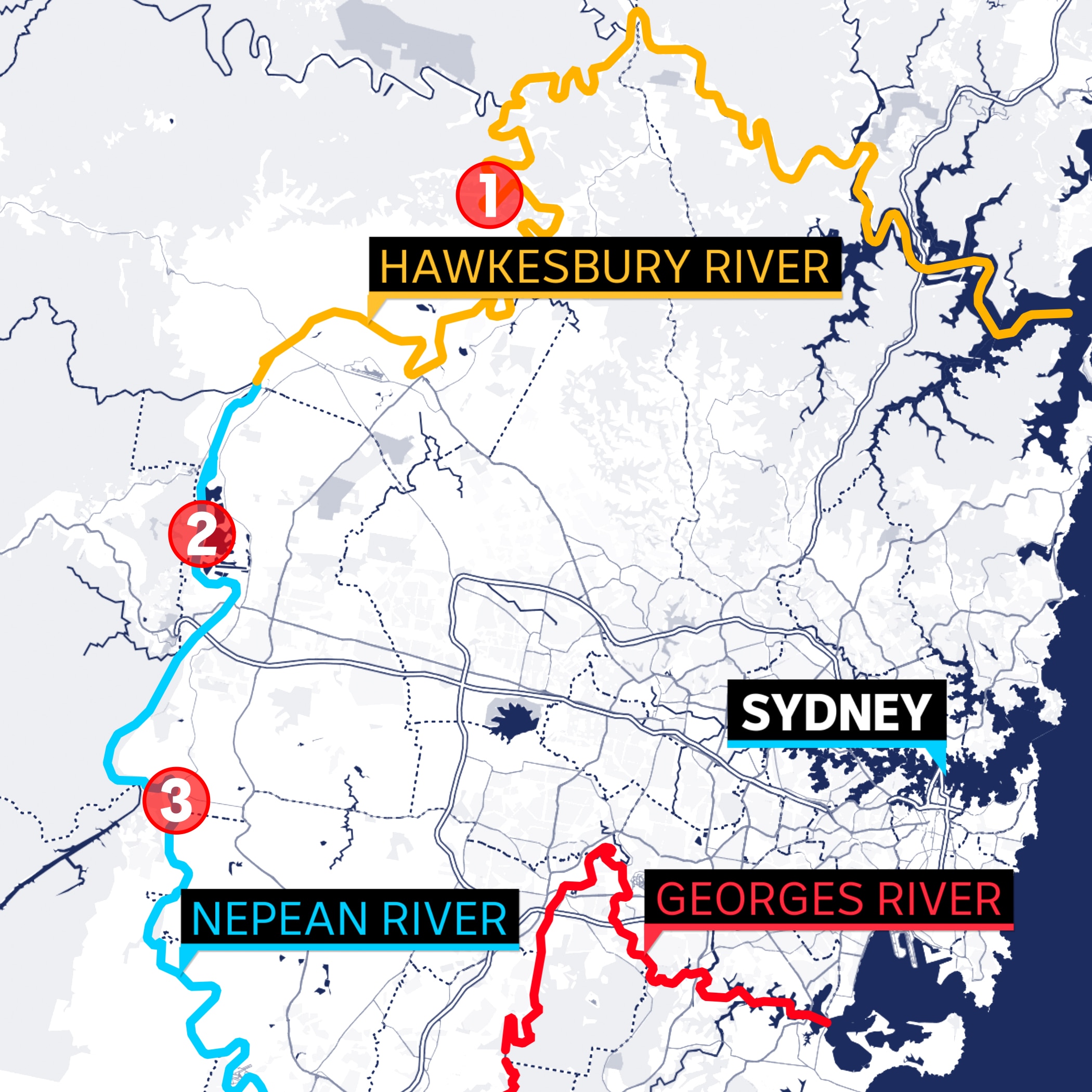A map showing Sydney and its surrounding rivers, including where they are narrowest.