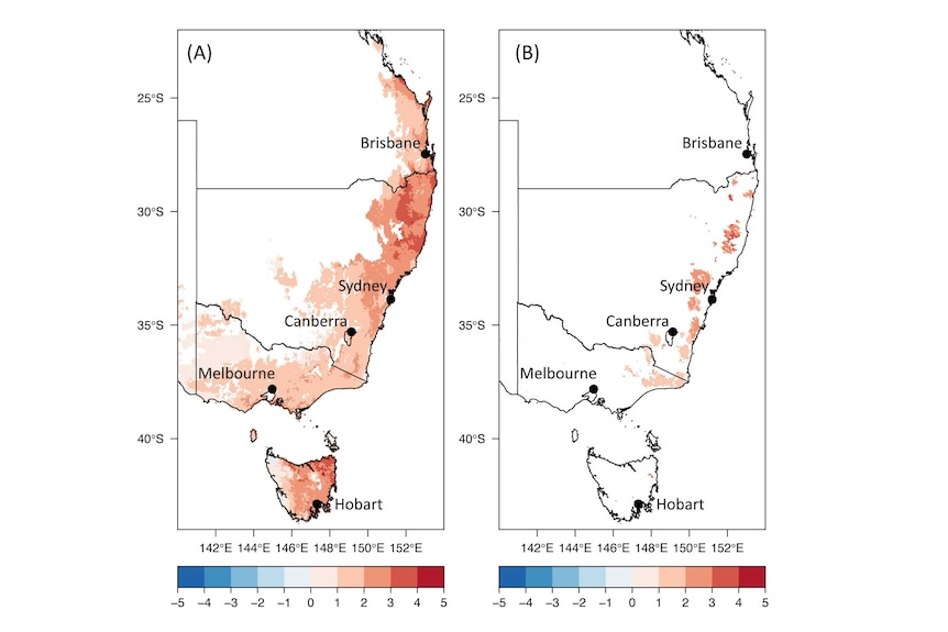 Two maps showing areas of dryness and areas that burned in eastern Australia.
