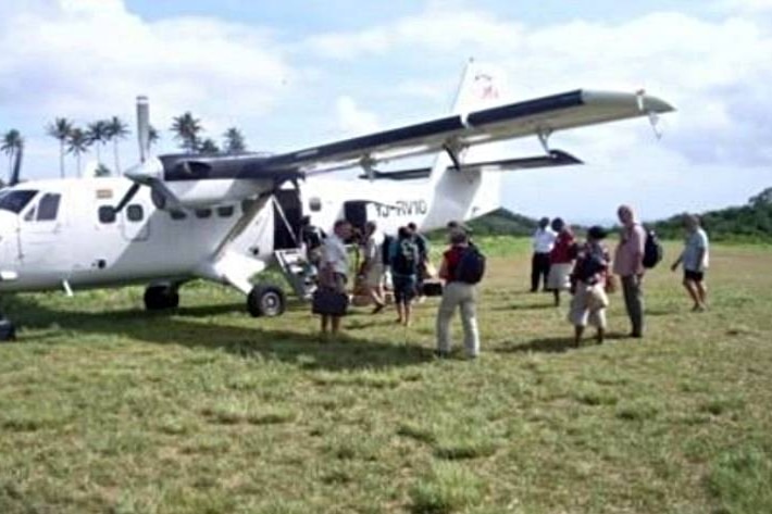 small plane on grass airstrip