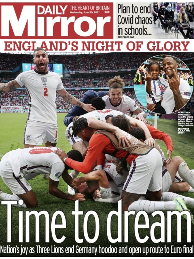Image of the front page of an English newspaper, with the headlines 'England's night of glory' and 'Time to dream'.