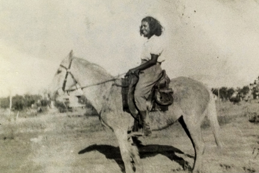 Aboriginal stockwoman Nancy Watson on her horse.