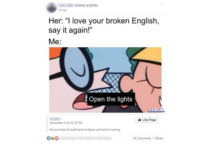 A Facebook post of a cartoon character whispering "open the lights" to another cartoon character.