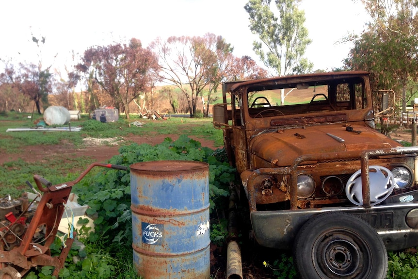 Burnt out farm vehicle