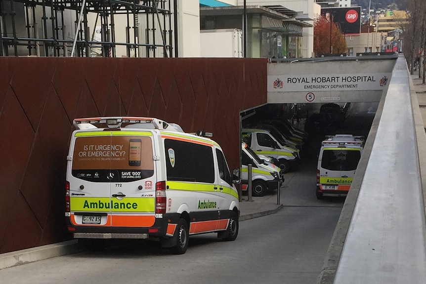 Ambulances backed up at the Royal Hobart Hospital Emergency Department, 7 July 2017.