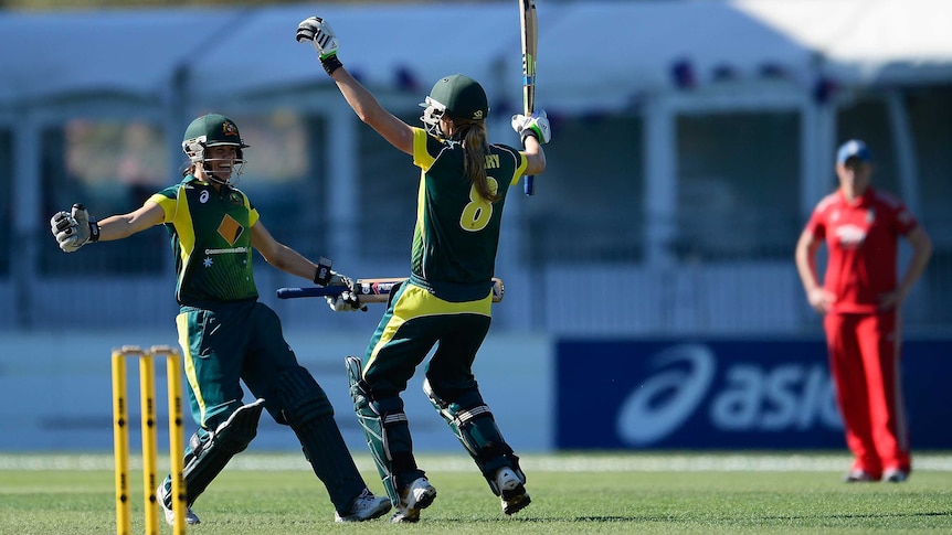 Australia's Ellyse Perry and Erin Osbourne celebrate after Southern Stars' win over England in 2014.