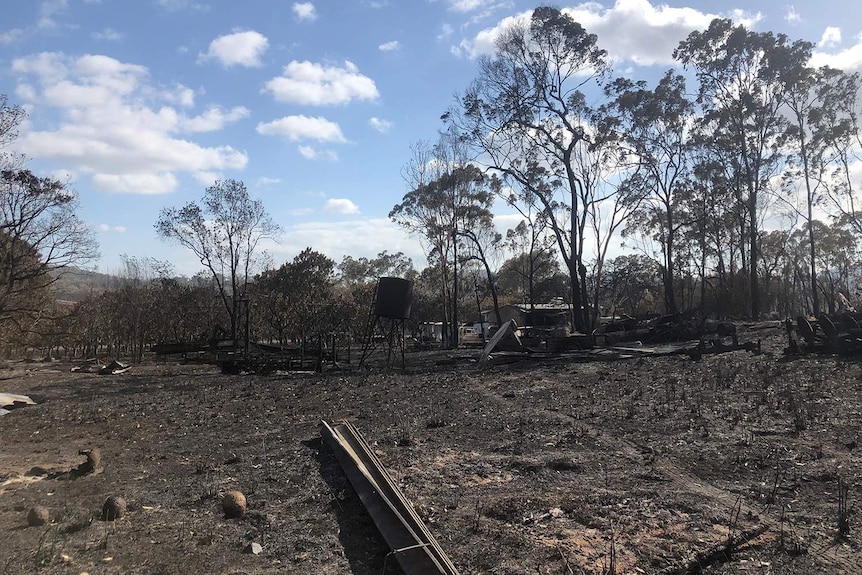 The charred remains of a pineapple farm and equipment at Bungundarra after a bushfire.