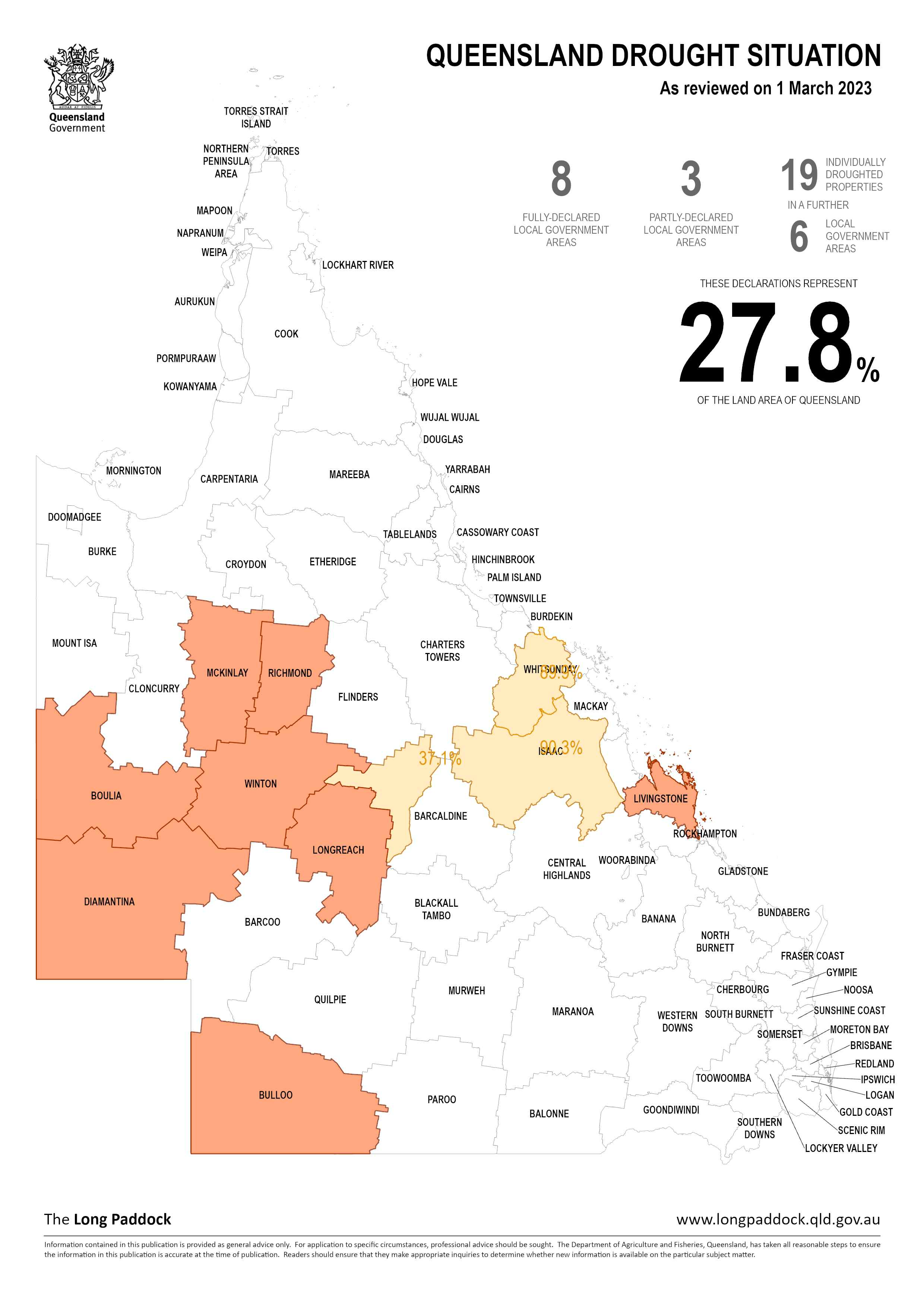 A map of Queensland showing eight council areas coloured in.