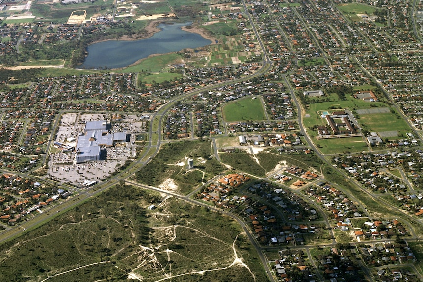 An aerial photo of a green suburb