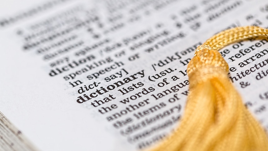 A yellow tassel marks an open page in a dictionary.