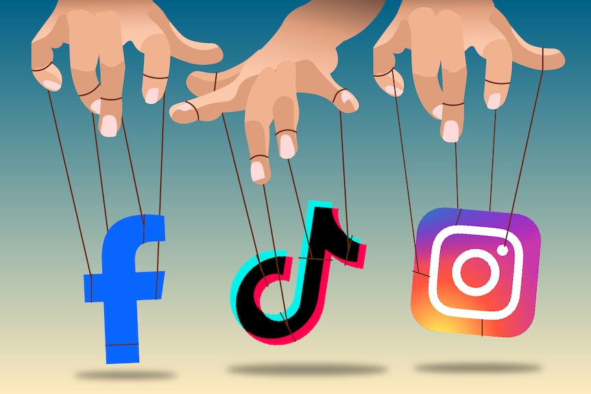 A graphic showing a puppeteer controlling icons of Facebook, TikTok and Instagram.