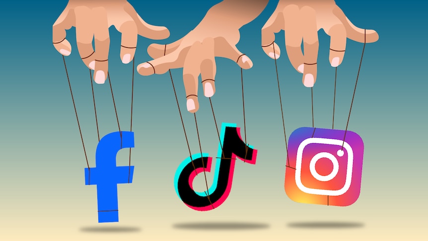 A graphic showing a puppeteer controlling icons of Facebook, TikTok and Instagram.