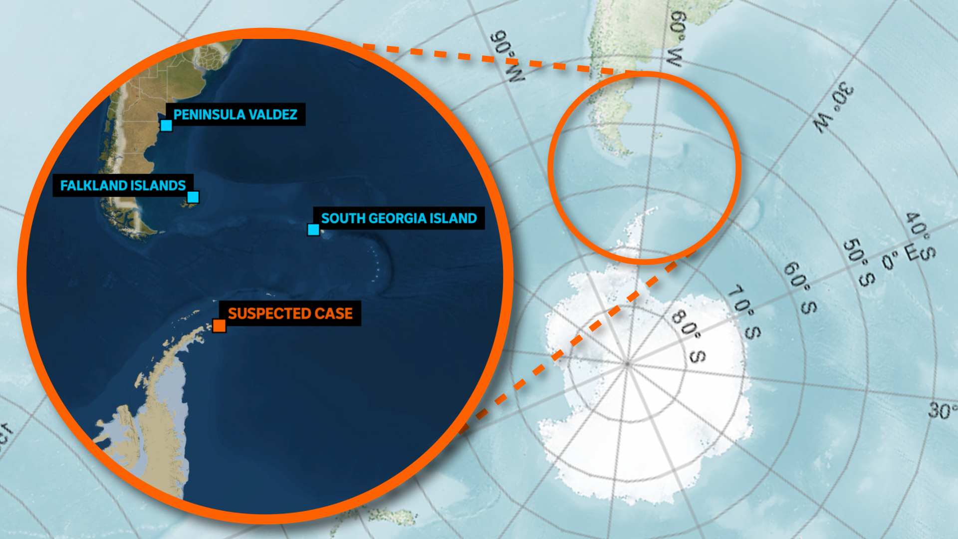 A map showing the tip of the Antarctic Peninsula marked with 'suspected case'