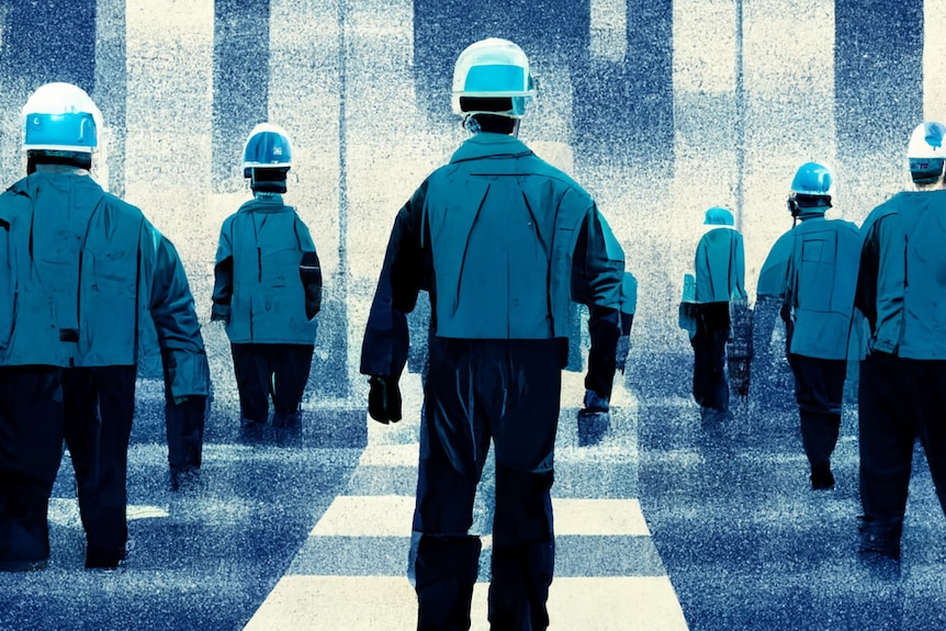 Une illustration de plusieurs travailleurs avec des casques ou des têtes de robot, dans un ton bleu.