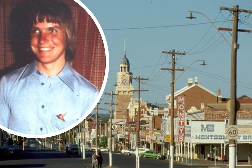 A photograph of the Kalgoorlie CBD with an inset of a missing man.  