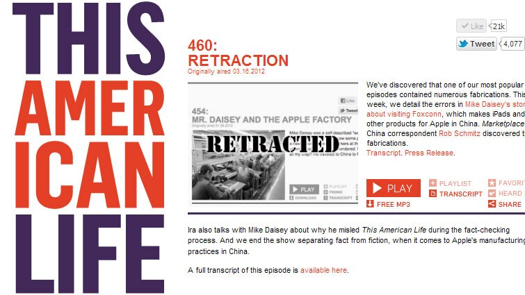 Screengrab of This American Life's program page for Retraction (thisamericanlife.org)