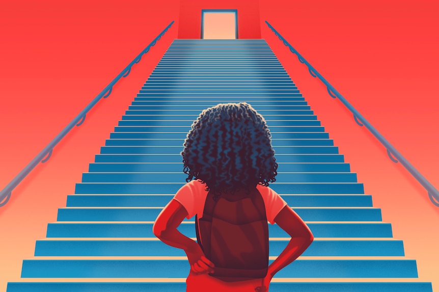 An illustration shows a child with long COVID standing at the bottom of a big staircase, looking overwhelmed