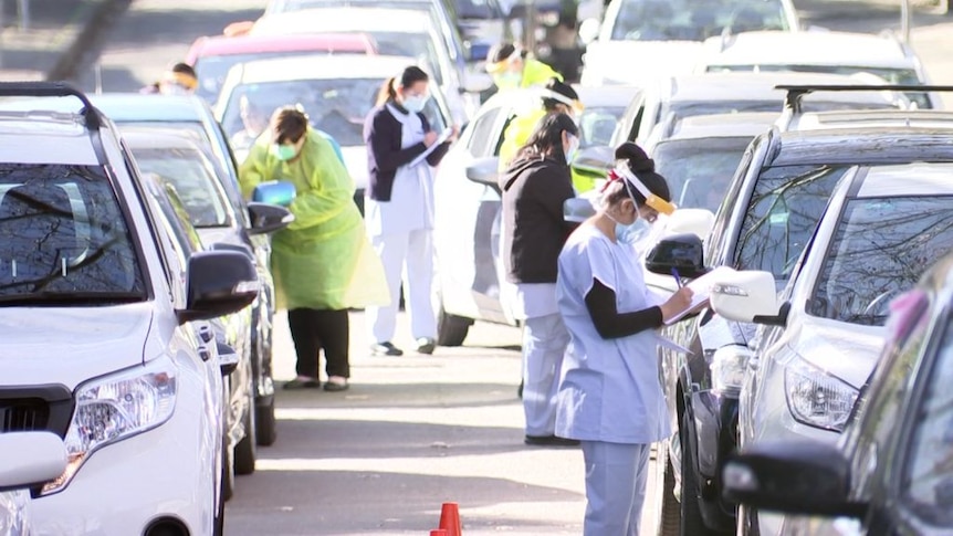 Dozens of cars wait to be tested for COVID-19 in Rozelle, Sydney