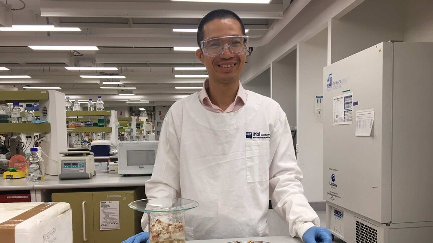 Dr Phong Tran standing in a lab with a bowl of prawn shells.