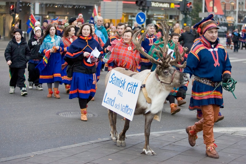 A group of people dressed in colourful clothing walk with a reindeer across a city street.