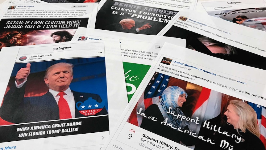 Screenshots of Facebook and Instagram ads linked to a Russian effort to disrupt the American political process.