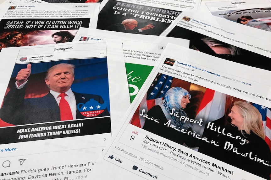 Screenshots of Facebook and Instagram ads linked to a Russian effort to disrupt the American political process.