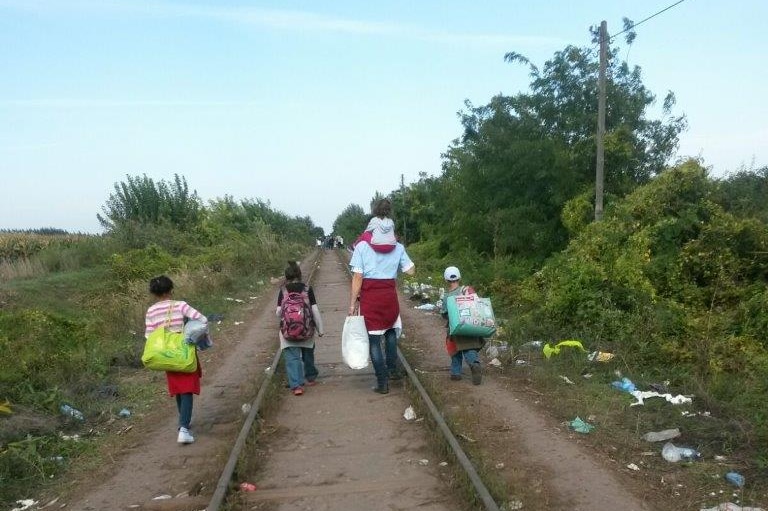 The Hafi family walking along traintracks through Hungary to Austria in September 2015