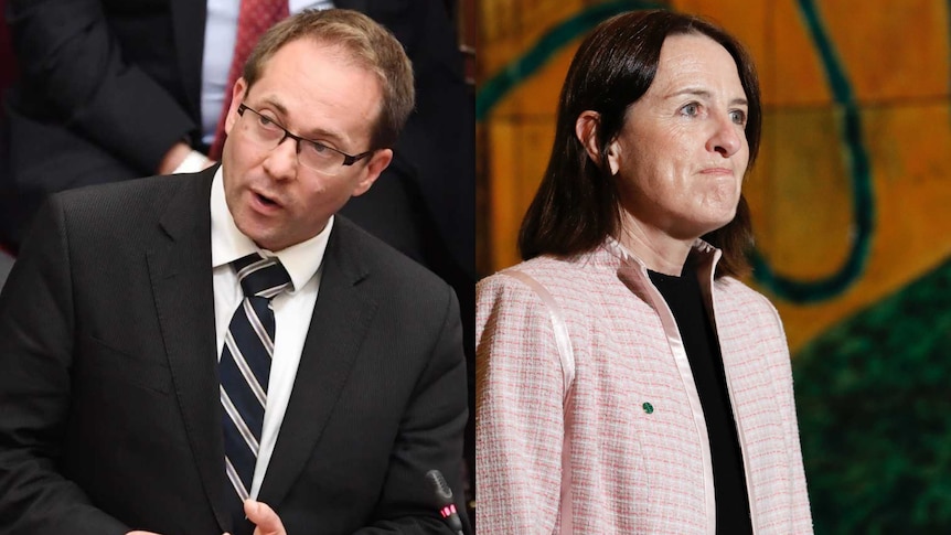 On the left, a man actively addresses parliament. On the right, a woman looks off camera with a neutral expression