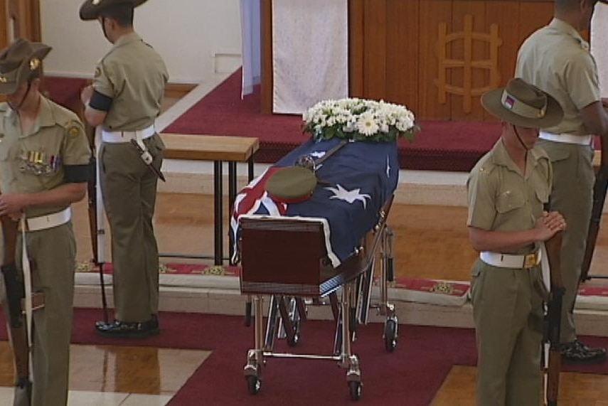 Retired Major General Alan Stretton's coffin at his funeral at the Royal Military College Duntroon in Canberra.