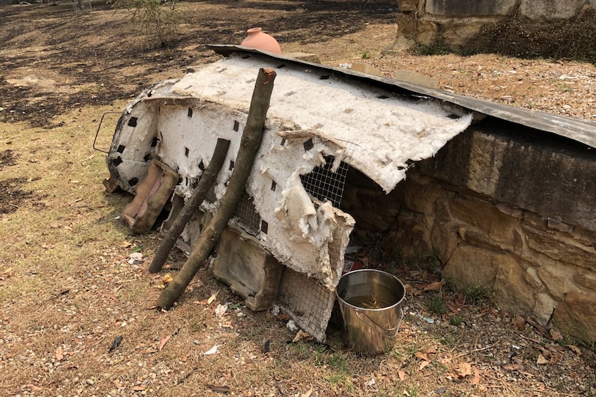 A makeshift shelter in burnt-out land.