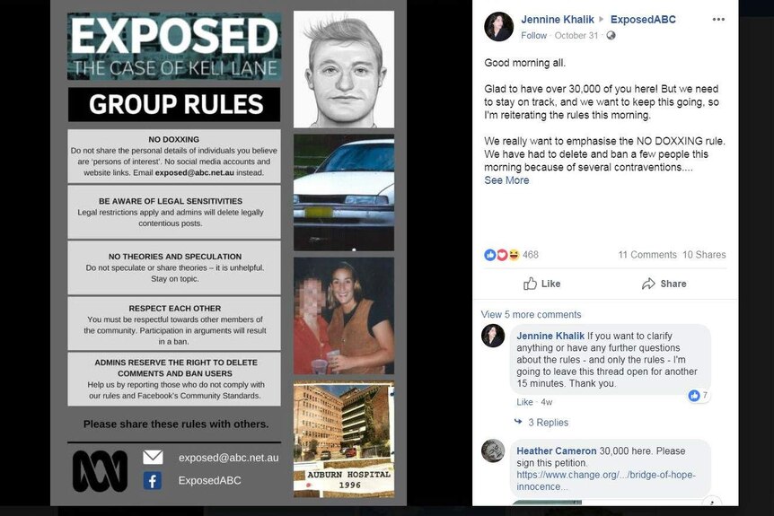 Screenshot of Exposed Facebook page listing group rules about respecting legal sensitivities and not sharing wild theories.