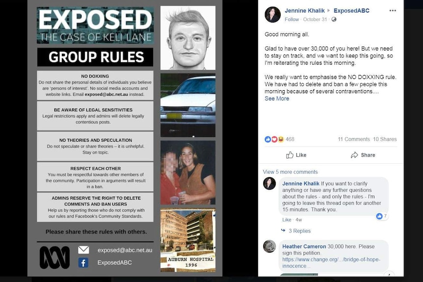 Screenshot of Exposed Facebook page listing group rules about respecting legal sensitivities and not sharing wild theories.