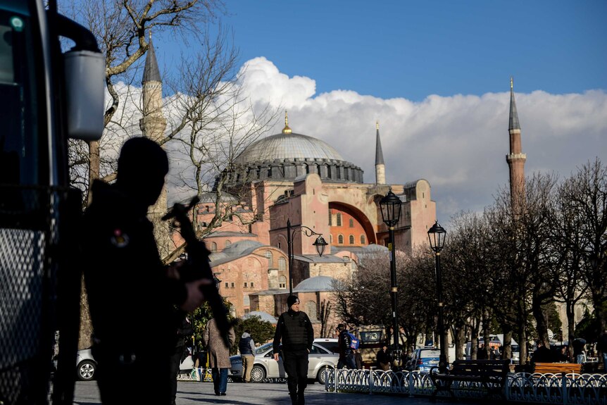 A Turkish anti-riot police officer stands guard at Sultanahmet square in Istanbul