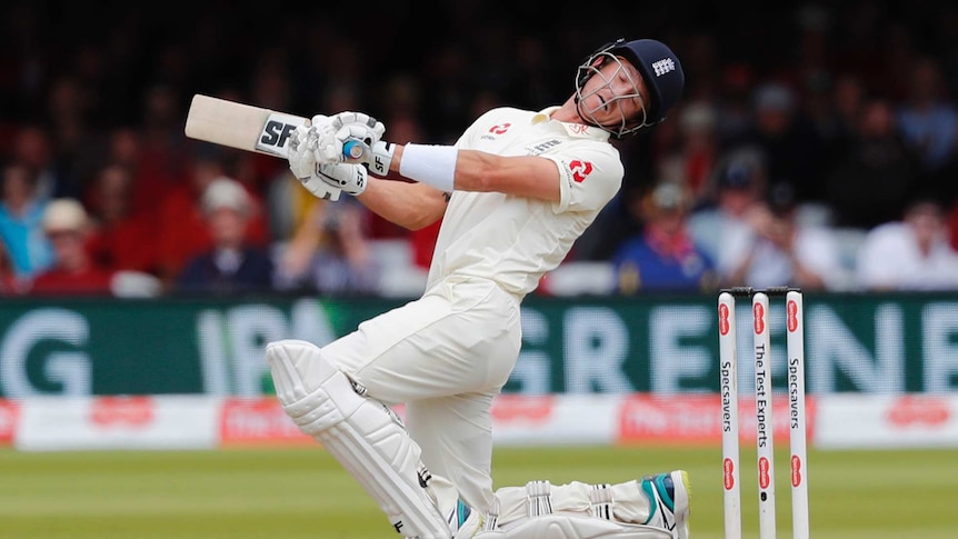 England batsman Joe Denly leans back and strains to avoid a bouncer during an Ashes Test at Lord's.