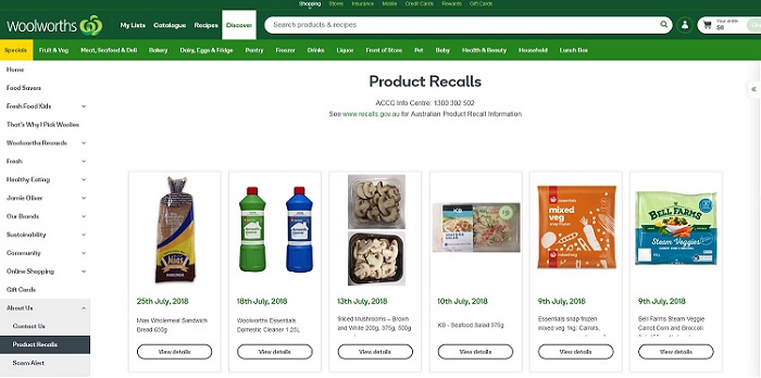 Woolworths product recalls page.