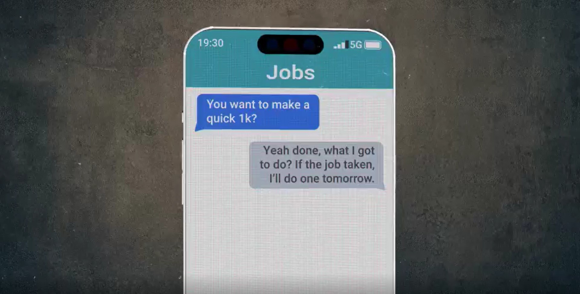 An illustration of a typed conversation on a phone screen.