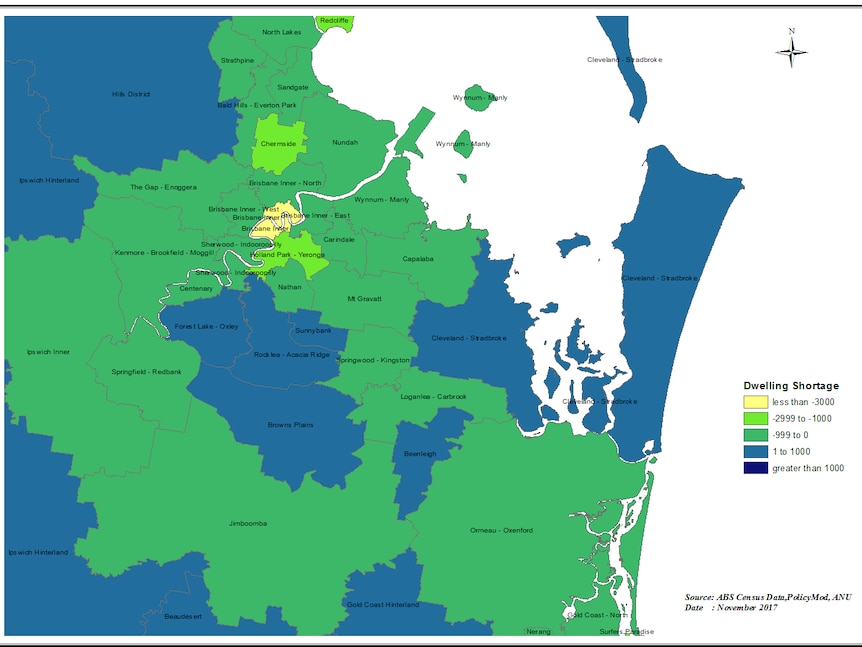 The ANU study shows central Brisbane has a large housing oversupply that gets smaller further out from the CBD.