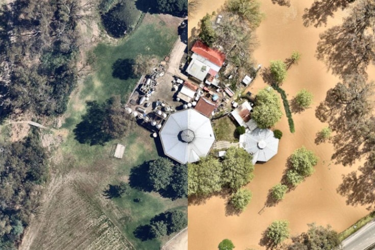 A composite image of a home before flooding, and after. The latter shows brown water surrounding the building