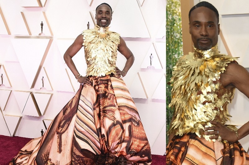 A composite image of Billy Porter wearing a golden feather high-necked top with an orange and peach patterned skirt.