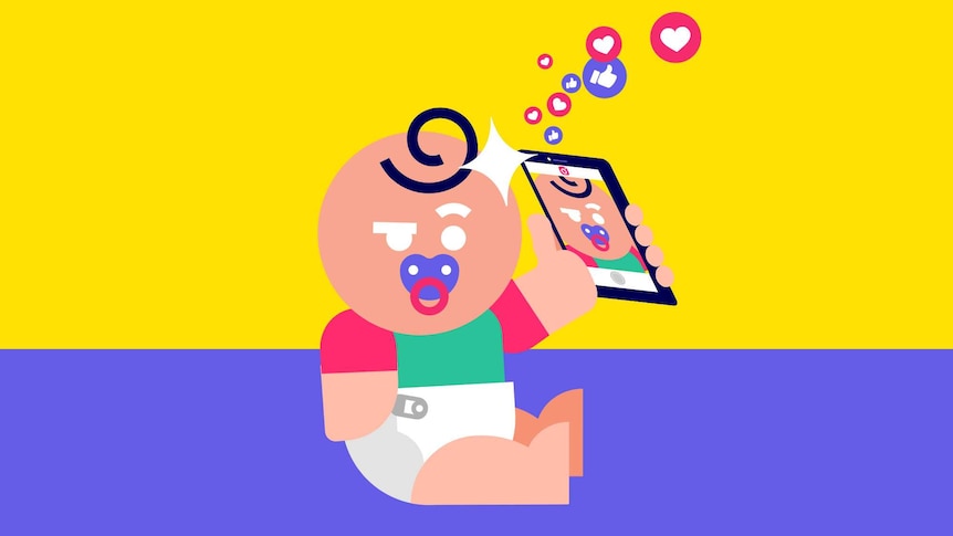Illustration of baby taking a selfie for a story about starting a social media account for your child.