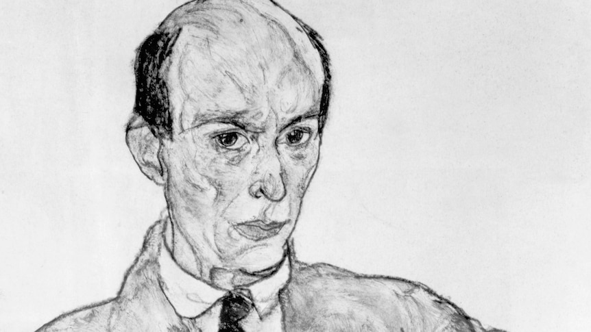 a black and white sketch of Arnold Schoenberg looking to the viewer, stern, dressed formally but rumpled