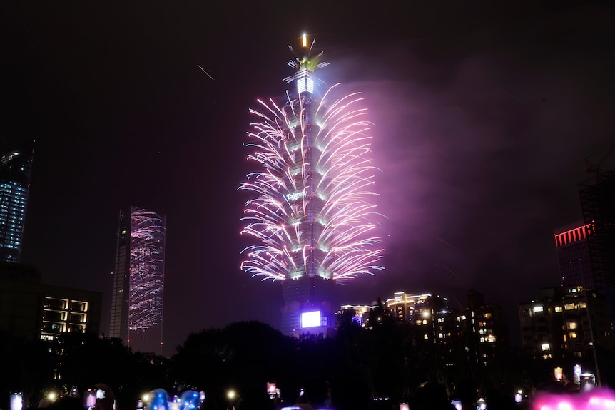 Fireworks display on highrise building