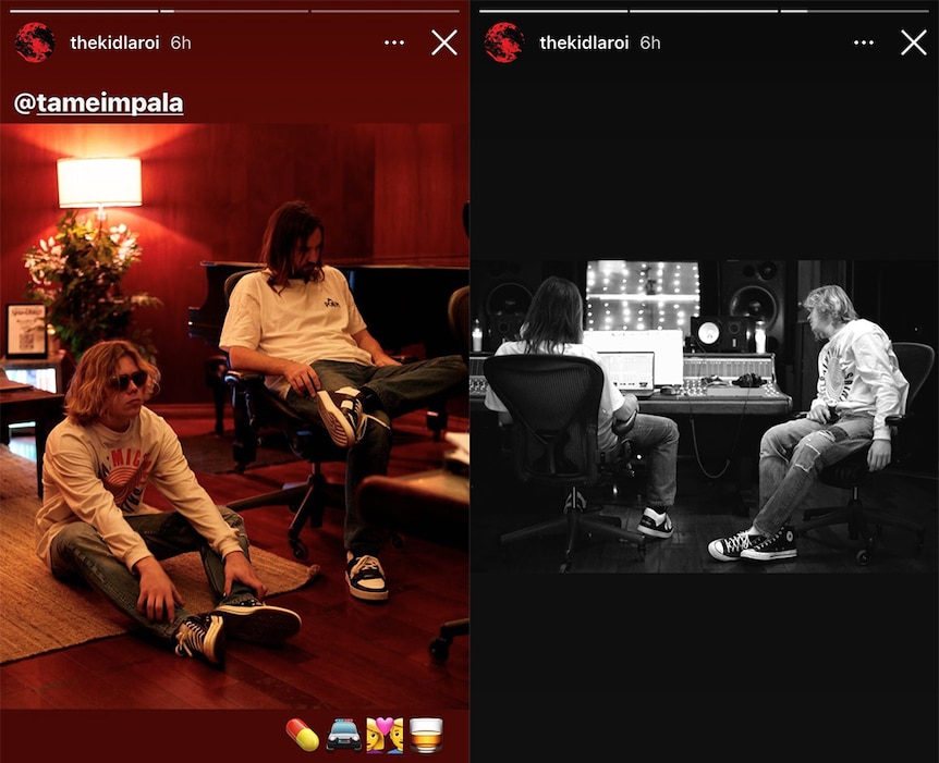 Screencaps of The Kid LAROI's Instagram Stories showing him hanging in the studio with Tame Impala's Kevin Parker
